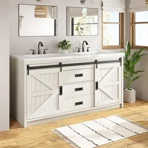 [Ships in 2 Boxes] VanAcc 60" Farmhouse Sliding Barn Door Bathroom Double Vanity with Sink Combo, Modern Bathroom Vanity Cabinet with Storage Drawers and Metal Handles, Freestanding Design