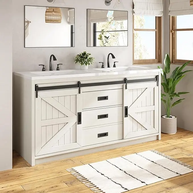 [Ships in 2 Boxes] VanAcc Farmhouse Sliding Barn Door Bathroom Double Vanity with Sink Combo, Modern Bathroom Vanity Cabinet with Storage Drawers and Metal Handles, Freestanding Design