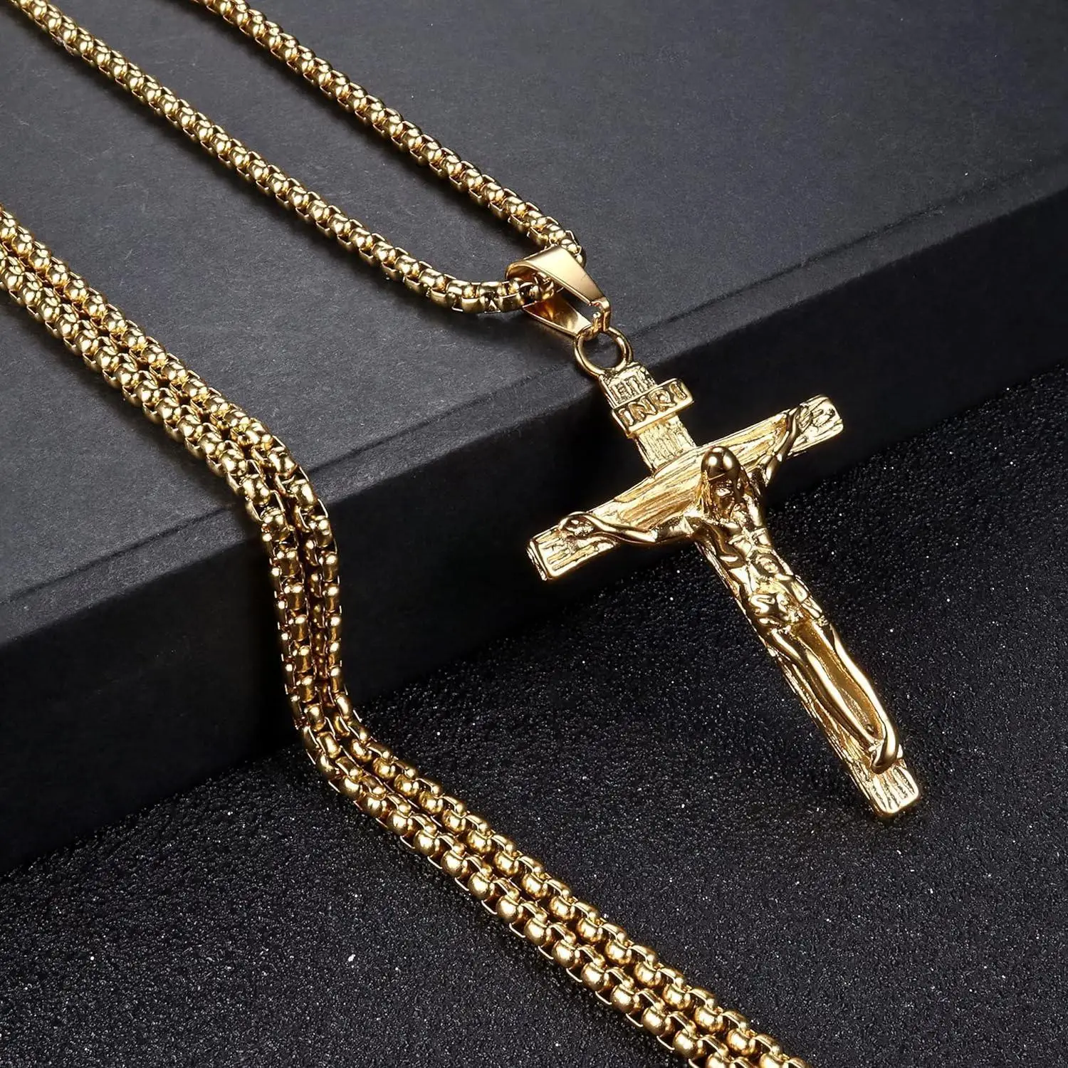 FLORIDECO Stainless Steel Jesus Cross Pendant Necklace for Men's Venice Chain 61cm Silver/Gold/Black Religious Jewelry Accessories Gift