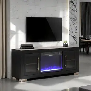 Dorrit FM-AC415BK-TV 60" Wide Black Finish Wood LED Fireplace with Heat TV Stand & Display Area Modern Design for Living Room