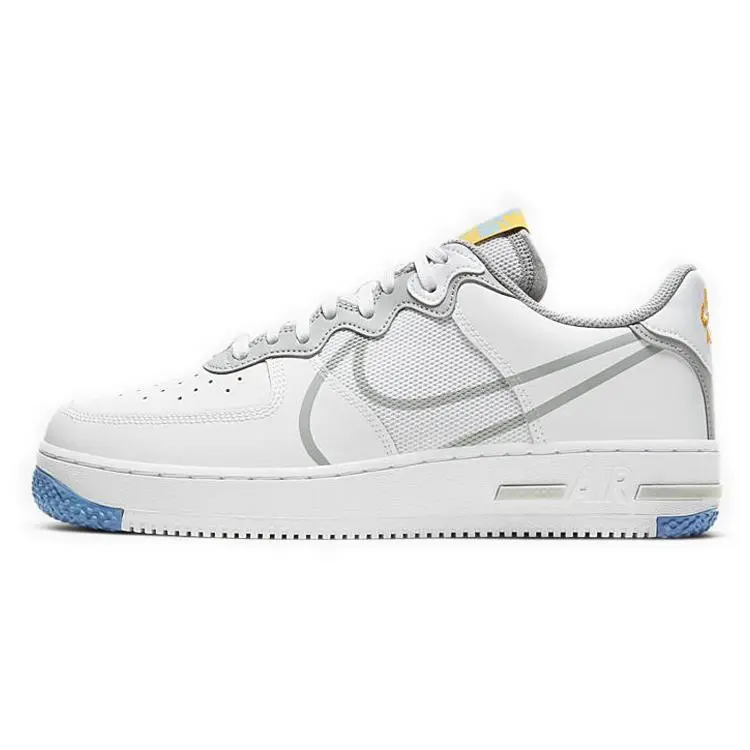 Men's & Women's Nike Air Force 1 React Low-Top Closed Athletic Sports Shoe - Mesh & Synthetic Leather Trainer, White & Blue, Nike 2000