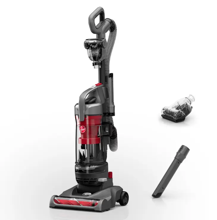 Hoover Rewind Pet Bagless Upright Vacuum Cleaner, Pet Friendly, Automatic Cord Rewind, Multi-Surface and Above Floor Cleaning, UH77410V, Gray & Red