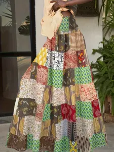 Plus Size Bohemian Maxi Skirt for Women - High-Waist A-Line Skirt with Vibrant Multi-Color Floral & Geometric Print, Fitted & Ruffled Hem, Machine Washable, All-Season Wear for Spring/Summer/Fall, Versatile Fashion Bottom Elegant Everyday Colorful Womensw