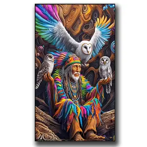 DIY Large Size American & Owl Design Diamond Art Kit for Adults, Round Full Drill Painted Gems, DIY Crafting Gift for Home Decoration