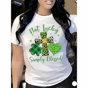 Womens Printed Round Neck Short Sleeve Casual T Shirt Featuring St P Day Leopard Print Cross and Lucky Clover Heart Design Ideal for All Seasons and Gift Giving