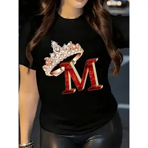 Stylish Women's Round Neck Short Sleeve T-Shirt with Elegant Crown Letter Print for Year-Round Comfort
