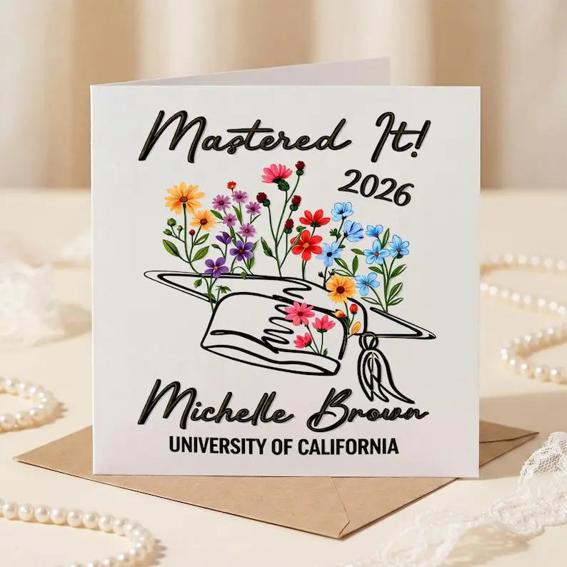 Personalized Wildflower Graduation Card, Mastered It 2026 Grad Card for Her, Custom Masters Degree Graduation Gift