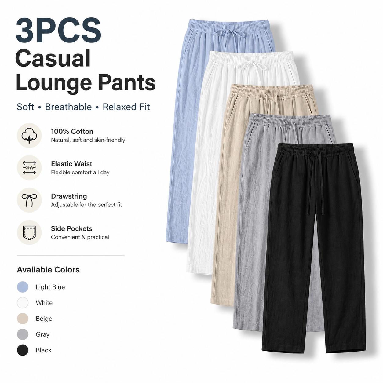 3-pack men’s 100% cotton casual pants: lightweight drawstring pants, breathable straight sleep pants with pockets—suitable for everyday wear, sports, leisure, and outdoor beach activities.