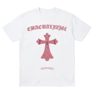 Y2K Gothic Pink Cross Graphic Cotton Tee Men's Streetwear Oversized Grunge Style Trendy Short Sleeve Shirt Vintage Aesthetic Chrome Graphic Apparel Casual American Streetwear Top