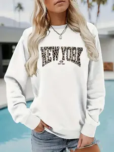 Women's Letter Print Round Neck Sweatshirt, Casual Long Sleeve Crew Neck Pullover for Fall & Winter, Fashion Women's Top for Daily Wear