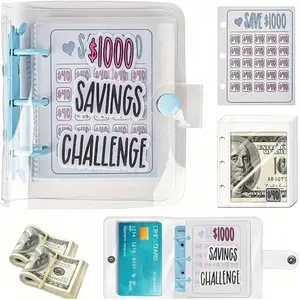 $1000 Money Saving Challenge Binder Reusable Blue Budget Book with Cash Envelopes Office Stationery Budgeting Planner Secure Cash Storage Durable Practical 25 Waterproof PVC Pockets