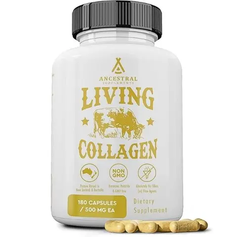 Ancestral Supplements Grass Fed Beef Living Collagen Powder 3000mg Type II 180 Capsules for Skin Hair Nails Joints Optimum Wellness Supports Joint Health & Connective Tissue Vitality