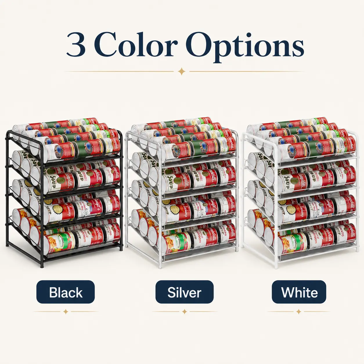 Metal Can Organizer Rack - 4-Tier Vertical Stack Slanted Shelf with Mesh Rectangular Shelves, Space Saver for Kitchen Pantry, Countertop (3 Colors Available)