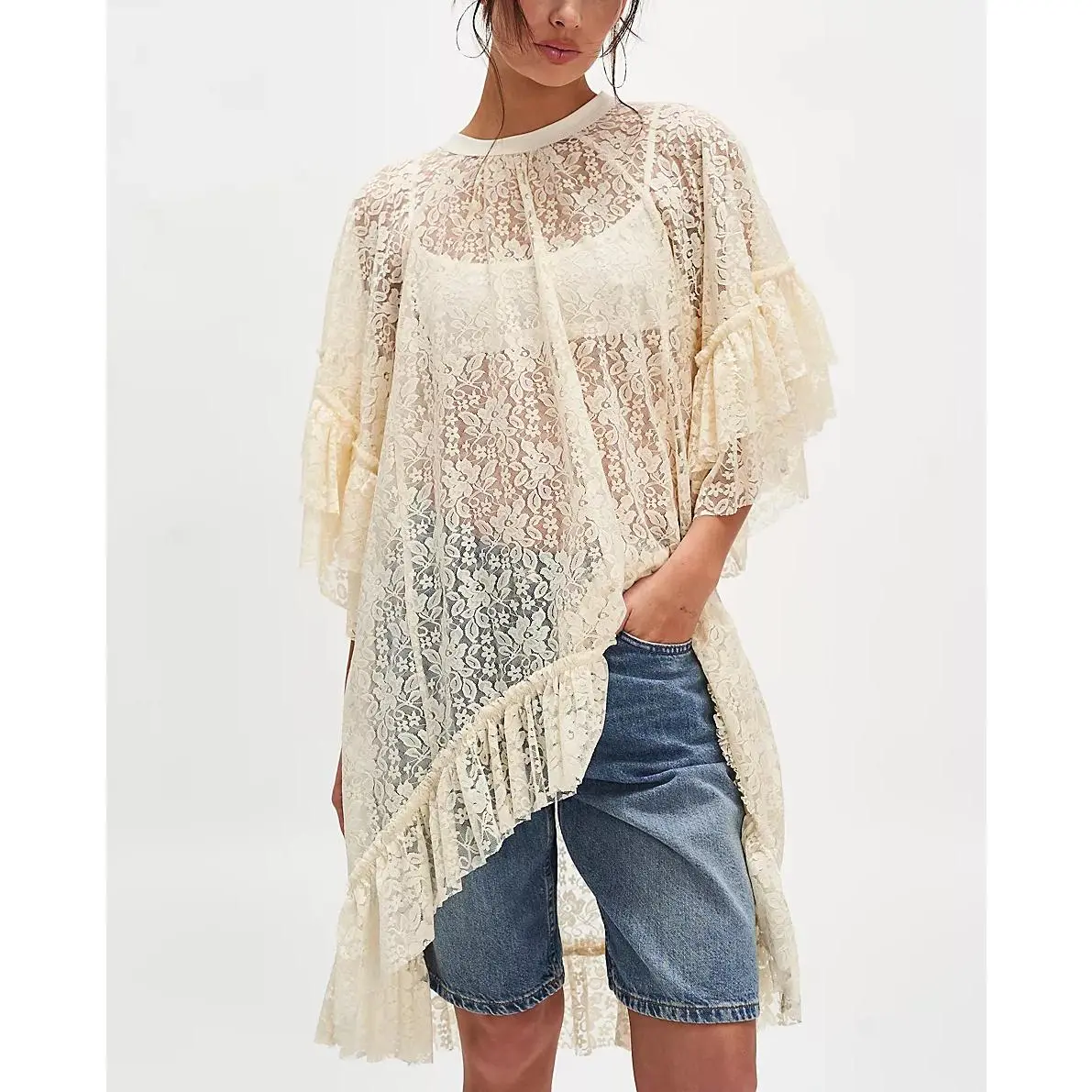 Women’s Lace Tunic Tops 3/4 Sleeve Solid Color Loose Fit High Low Hem Ruffle Shirts Spring Summer Dress