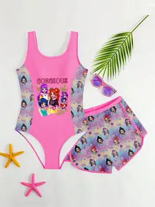 K-Pop Hunter Girl Group Starry Sky Print Tank Top One-Piece Swimsuit + Swim Pants Two Piece Set, Boho Style, Slim-Fitting, Tankini Sets, Tankini Swimwear Set
