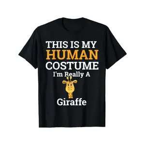This Is My Human Costume I'm Really a Giraffe Halloween T-Shirt - Black Casual Loose Fit Graphic Tee with Funny Animal Print, Machine Washable Novelty Top for Halloween Parties & Casual Attire, Playful Design, Durable Print