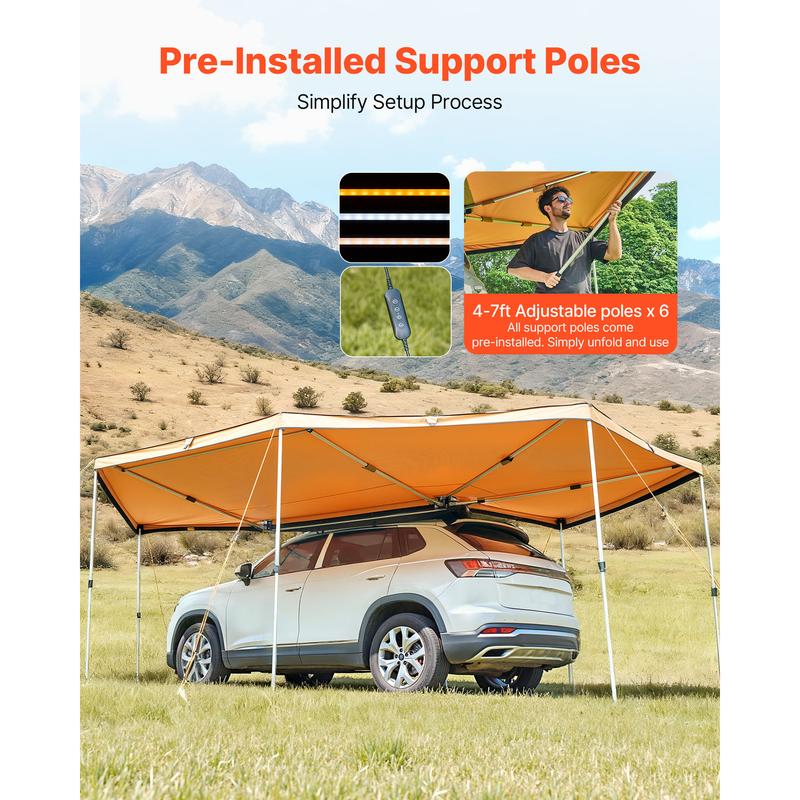 VEVOR 270 Degree Awning with Bulit-in LED Lights, 133 sq.ft Driver Side Vehicle Awning, Waterproof UV50+ Car Side Awnings, All-Weather Free-Standing Overland Awnings Car Shelter for SUV Truck Camping