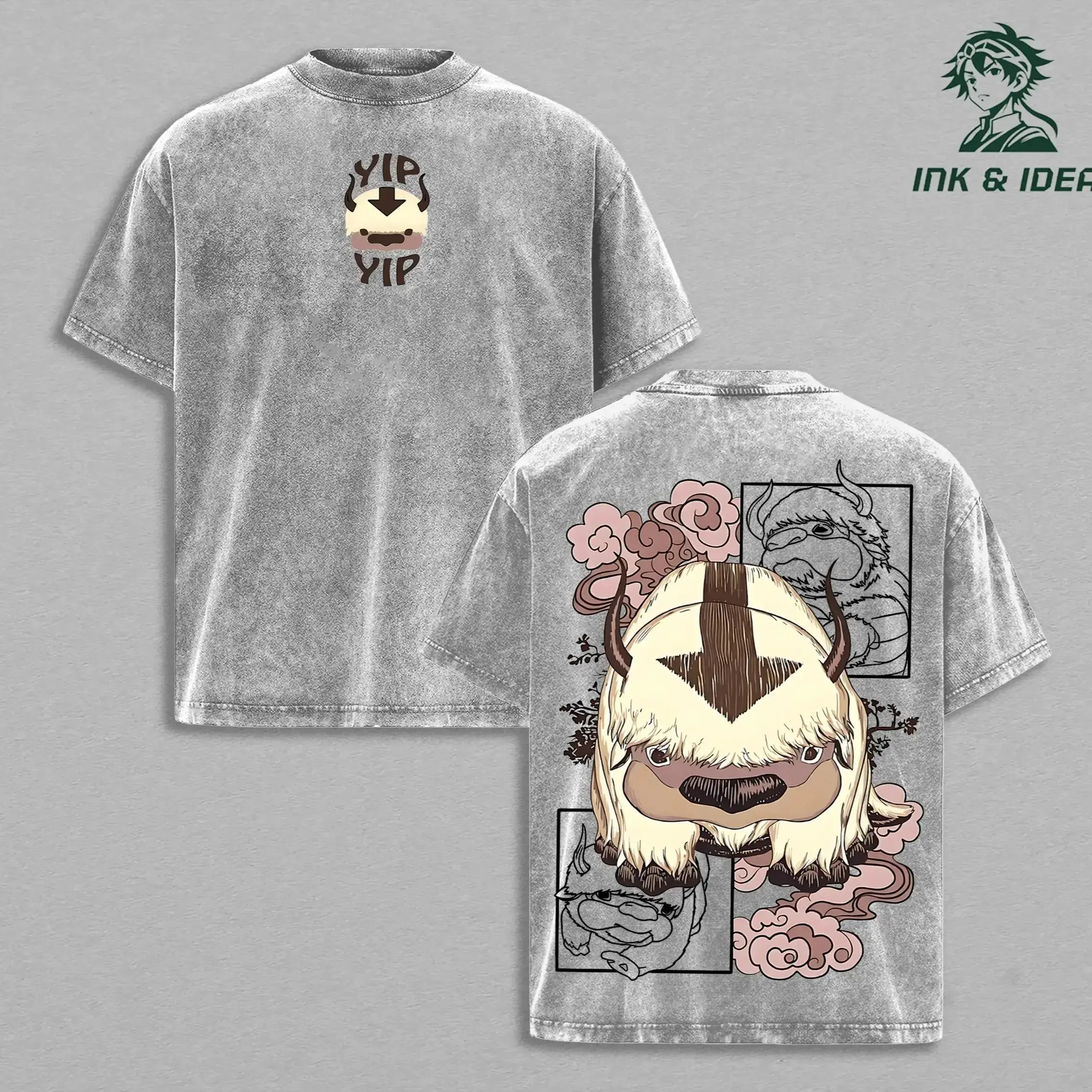 Men's Oversized Graphic T-Shirt, Vintage Washed Heavyweight Cotton, Avatar Appa Anime Streetwear, Unisex Cozy Crewneck Tee, Men's T Shirts
