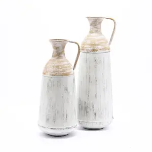 Set of 2 Distressed Off White and Rustic Brown Metal Pitcher Vase