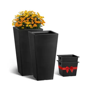 【fathersdaygift】VEVOR Set of 2 Tall Outdoor Planters 22inch, Large Planters For Outdoor Indoor Plants, Black Tapered Square Front Porch Planters Flower Tree Plant Pots with Modern Design and Built-in Drainage