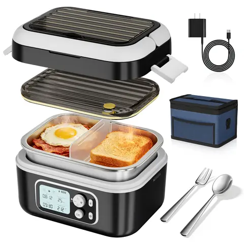 Yofidra Stylish Fast Heating Insulated Lunch Box - Black, 24000mAh 100W Leakproof Meal Prep Container, Smart Timer Display, 6.3-Cup Square Insulated Lunch Compartment, Black Stainless Steel Cutlery, Portable Bag for Office