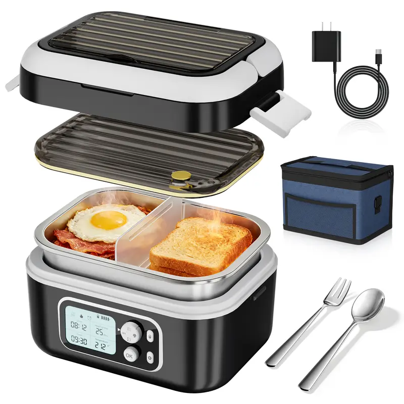 Yofidra Stylish Fast Heating Insulated Lunch Box - Black, 24000mAh 100W Leakproof Meal Prep Container, Smart Timer Display, 6.3-Cup Square Insulated Lunch Compartment, Black Stainless Steel Cutlery, Portable Bag for Office