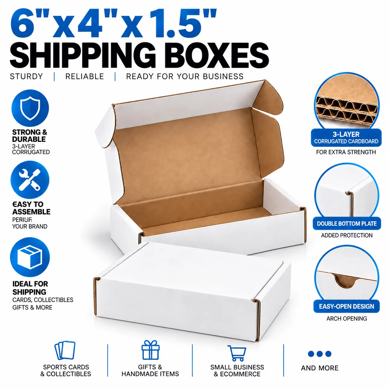 25 Pcs Durable Rectangular White Corrugated Cardboard Shipping Boxes (6x4x1.5in, Flat Fold) - Add Logos, Fits Small Items for Small Biz Shipping, Gift Packing, Durable Cardboard Box