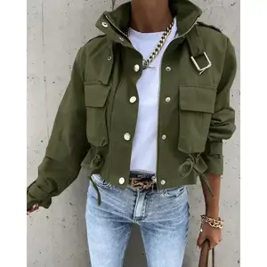 Women's Fall Casual Fitted Biker Jacket, Short Woven Coat with Pockets & Zipper, Long Sleeve Outerwear for Autumn Fashion