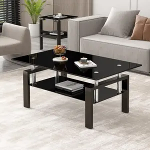 Rectangle  2-Layers Tempered Glass Coffee Table, Clear Coffee Table,Modern Side Center Tables for Living Room Furniture