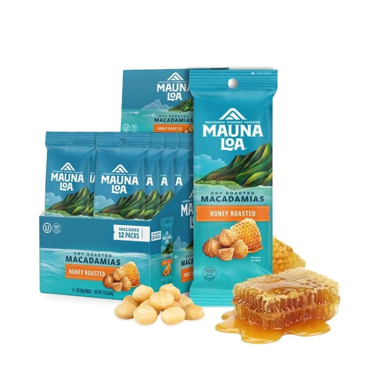 Mauna Loa Honey Roasted Macadamia Nuts, 12 Pack of 1 oz Single Serve Snack Bags, Gluten Free, Sweet & Crunchy Hawaiian Snack