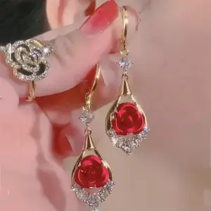 Sparkling Crystal Tassel Rose Drop Earrings 14K Gold Plated LisiZen Elegant Water Drop Fashion Jewelry For Ladies