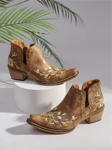1 Pair Ladies Women Floral Embroidered Western Cowboy Ankle Boots, Pointed Toe Rivet Block Heel Booties for All Occasions