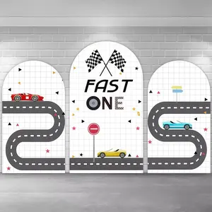 Fast One Racing 3-Pcs Chiara Arch Covers Stretchy Backdrop, Race Car Design for Boys 1st Birthday Party and Racing Theme Photography Background