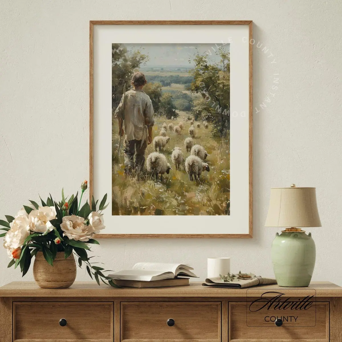 Grazing Sheep Print, Farm Animal Wall Art, Shepherd Print Art, Printing, Vintage Shepherd with Sheep Printing, Room Decor, Unframed