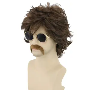 70s Mens Wigs Short Wavy Shaggy Wig Cosplay Halloween Costume Wigs+Wig Cap and Beard Hippie Style