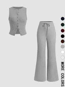 Minimalist Knit 2-Piece Set – Sleeveless Button Top + High-Waist Wide Leg Pants (Ultra Soft Lounge Fit)