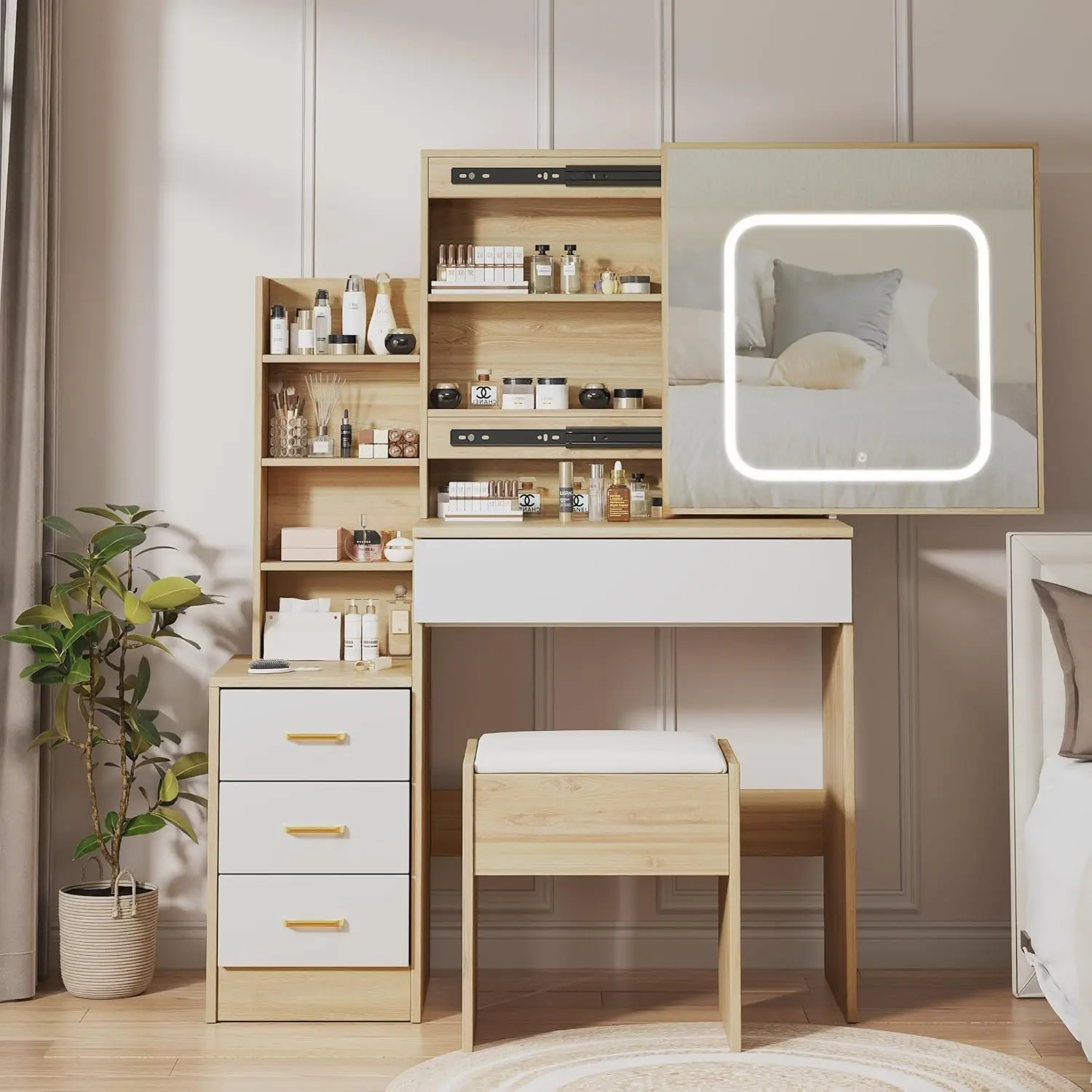 Natural Wood LED Vanity Table Set - Makeup Vanity with Sliding Mirror, Adjustable Brightness, 3-Color Lighting Modes, Built-in Charging Station, 4 Drawers, Stool, Open Shelves for Indoor Use