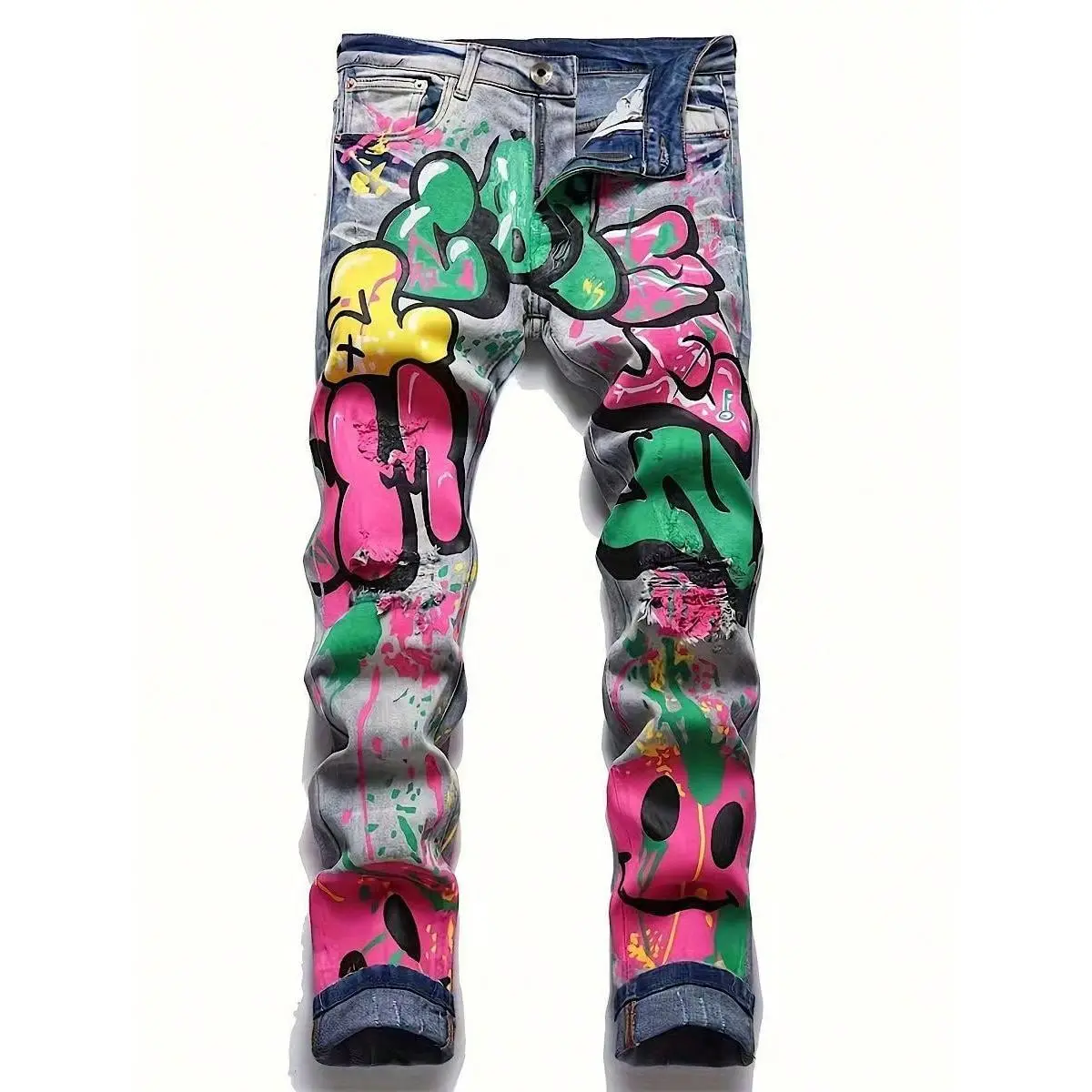 Men's Jean Pants Bottoms with Motocross Style Graphic Print, Slim-fitting Washed Blue Denim for Casual Streetwear, Do Not Dry Clean, Digital Print, Motocross Look