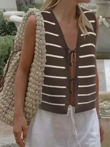 Women's Sleeveless Striped Fitted Casual Sweater Vest V Neck Tie Front Bow Crochet Knit  Cardigan Tank Tops Fall Outfits