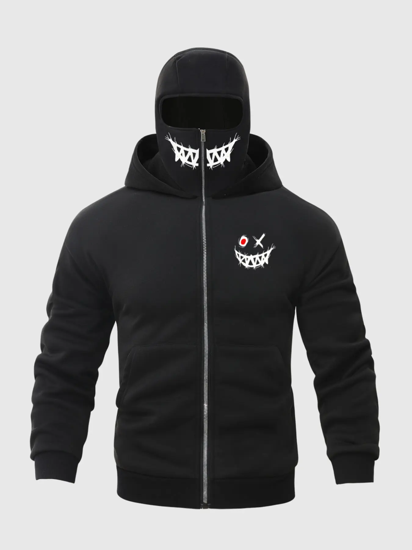 Men's Winter Hooded Fitted Knit Long Sleeve Sweatshirt with Zipper and Face Mask Design, Fun Smiley Print, Warm Casual Outdoor Sports Jacket, Graphic Hoodies, Aesthetic Hoodie, Heavy Hoodie, Casual Hoodie Pullovers, Heavyweight Streetwear Sweatshirts