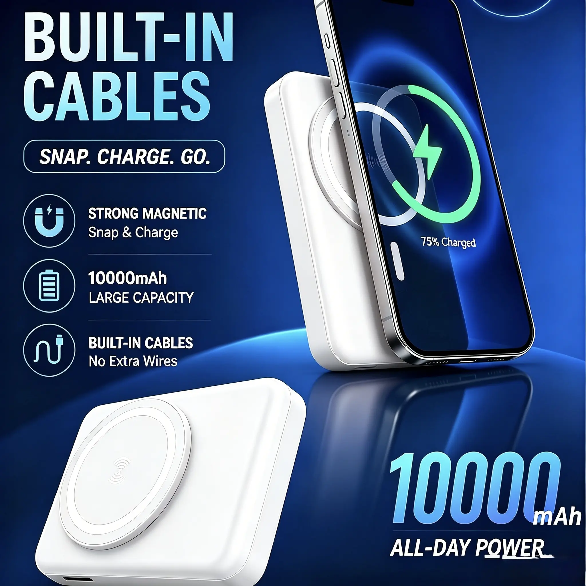 XBJ 22.5W 10000mAh Portable Power Bank with Built in USB-C Cable, Fast Charging, Compatible with iPhone/Android, Charges up to 3 Devices Simultaneously, Supports Low-Power Charging, Ideal for Travel, Wireless Charging Support