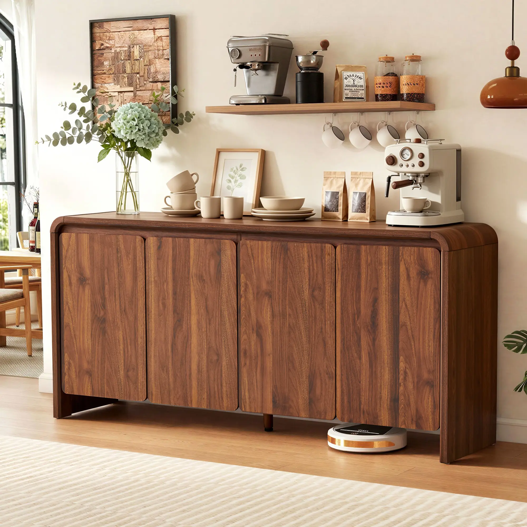 Giratree 63" Sideboard Buffet Cabinet with Storage, Mid Century Modern Accent Cabinet with 4 Doors, Curved Profile Design, Large Credenza Storage Cabinet for Living Room Hallway Kitchen