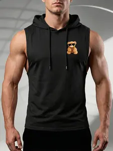 Men's Cool Teddy Bear Hooded Sleeveless Vest, Gym Training Tank Top, Cute Sunglasses Bear Print, Soft Breathable Fabric