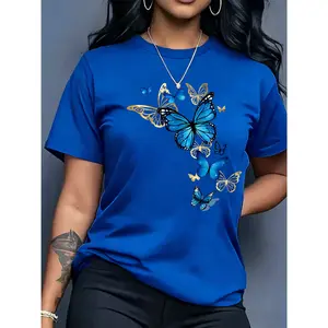 100% Cotton Women's Casual Comfortable Versatile T-Shirt, Multiple Colors Available, Suitable for All Seasons, Butterfly Pattern T-Shirt, Short Sleeve Casual Round Neck Top, Spring Summer Women's Clothing