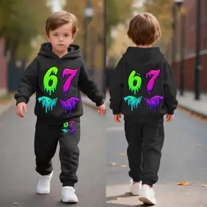 Number Kids 67 Print Kids Hooded Sweatshirt and Sweatpants Set, Front And Back Printed, Comfortable Outdoor Style for Boys and Girls, Autumn/Winter