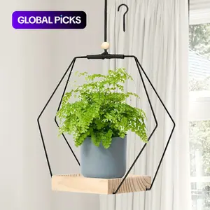 Boho Macrame Wall Hanging Planter Holder with Hexagon Wood Base for Indoor Plants, Black Geometric Home Window Room Decor, Plant Hanger for Shelf, Hanging Flower Pots (Pot & Plant Not Included) #TOP PICKS