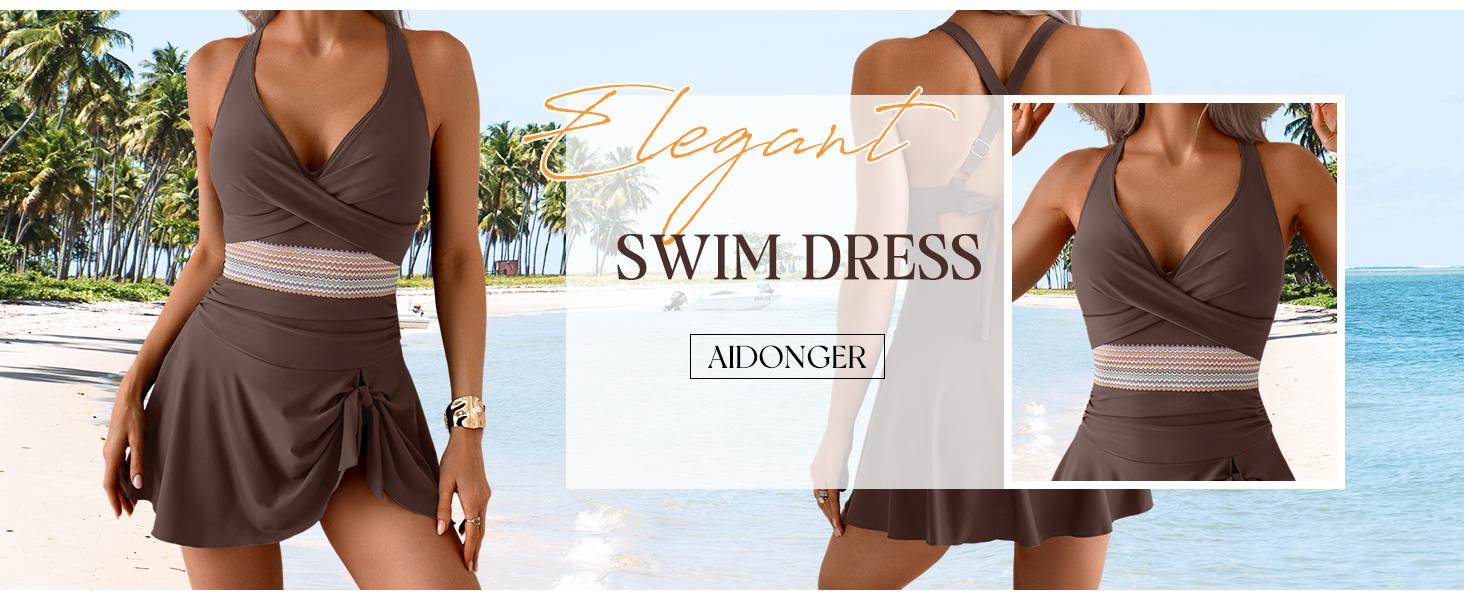 Women One Piece Swimsuit V Neck Swimdress Color Block Bathing Suit Skirt Tummy Control Tie Back Swim Dress