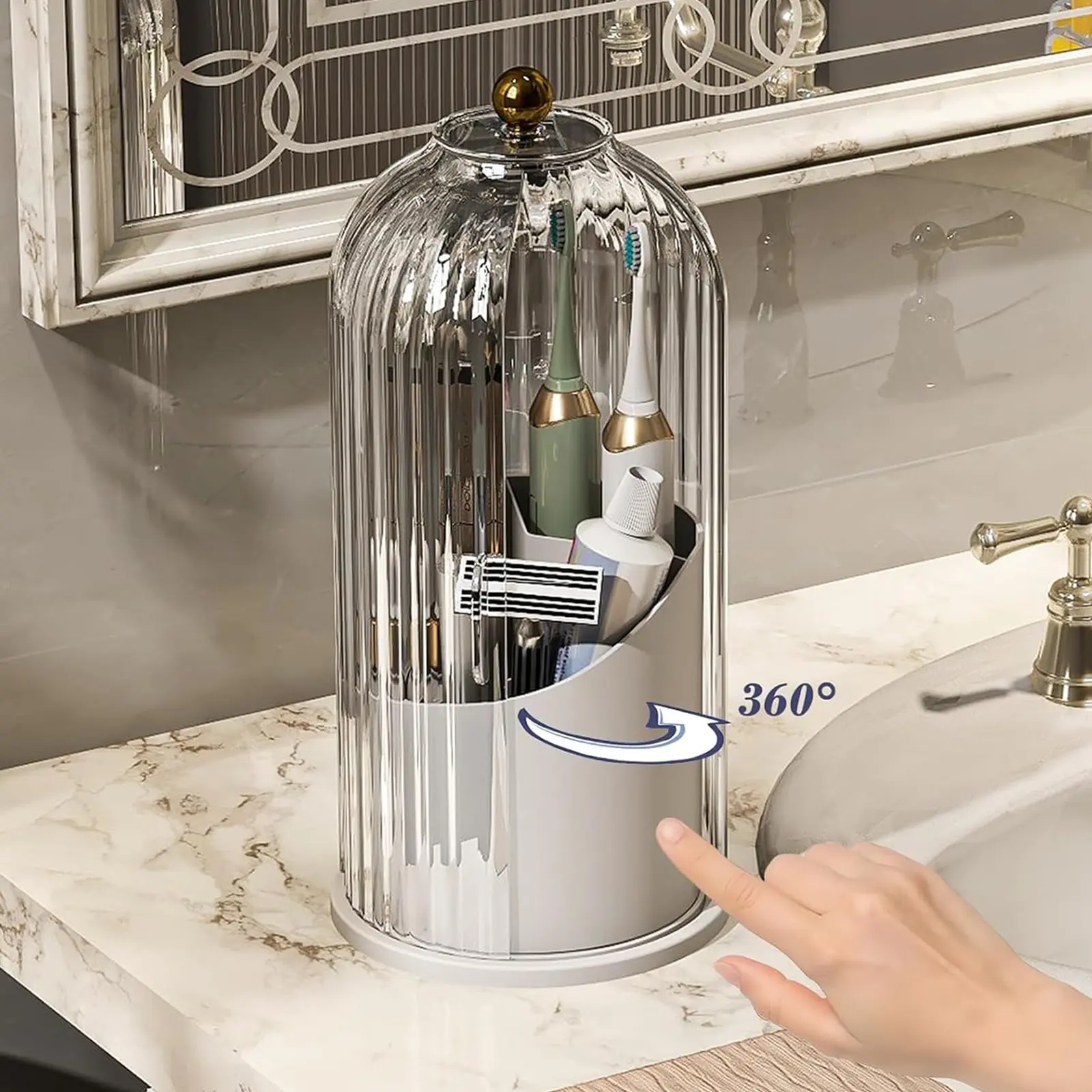 360 degree rotating toothbrush organizer on bathroom countertop
