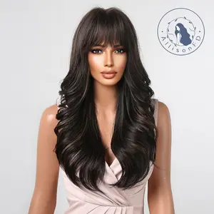 INSTYLE 26 Inch Long Curly Wavy Black Wigs with Bangs Synthetic Natural Looking Wigs Women's Wigs for Daily or Cosplay Use