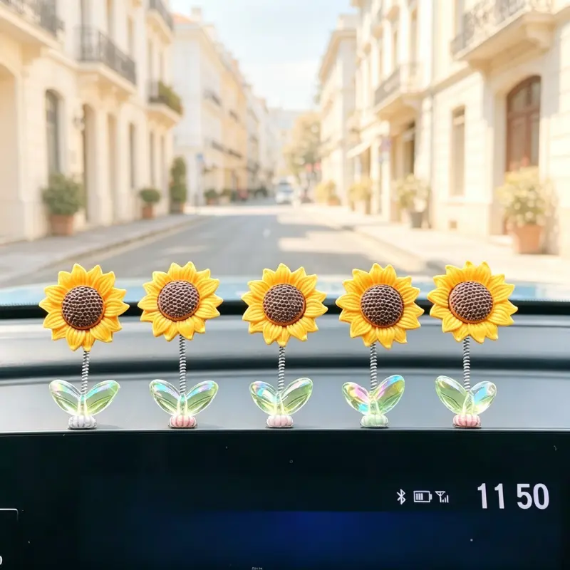 JOYTUTUS 5 Counts Cute Sunflower Shaking Head Car Dashboard Ornament Set - Interior Center Console Accessory, Ideal Gift for Father's Day, Graduation, Cute Car Accessories, Car Accessories Cute